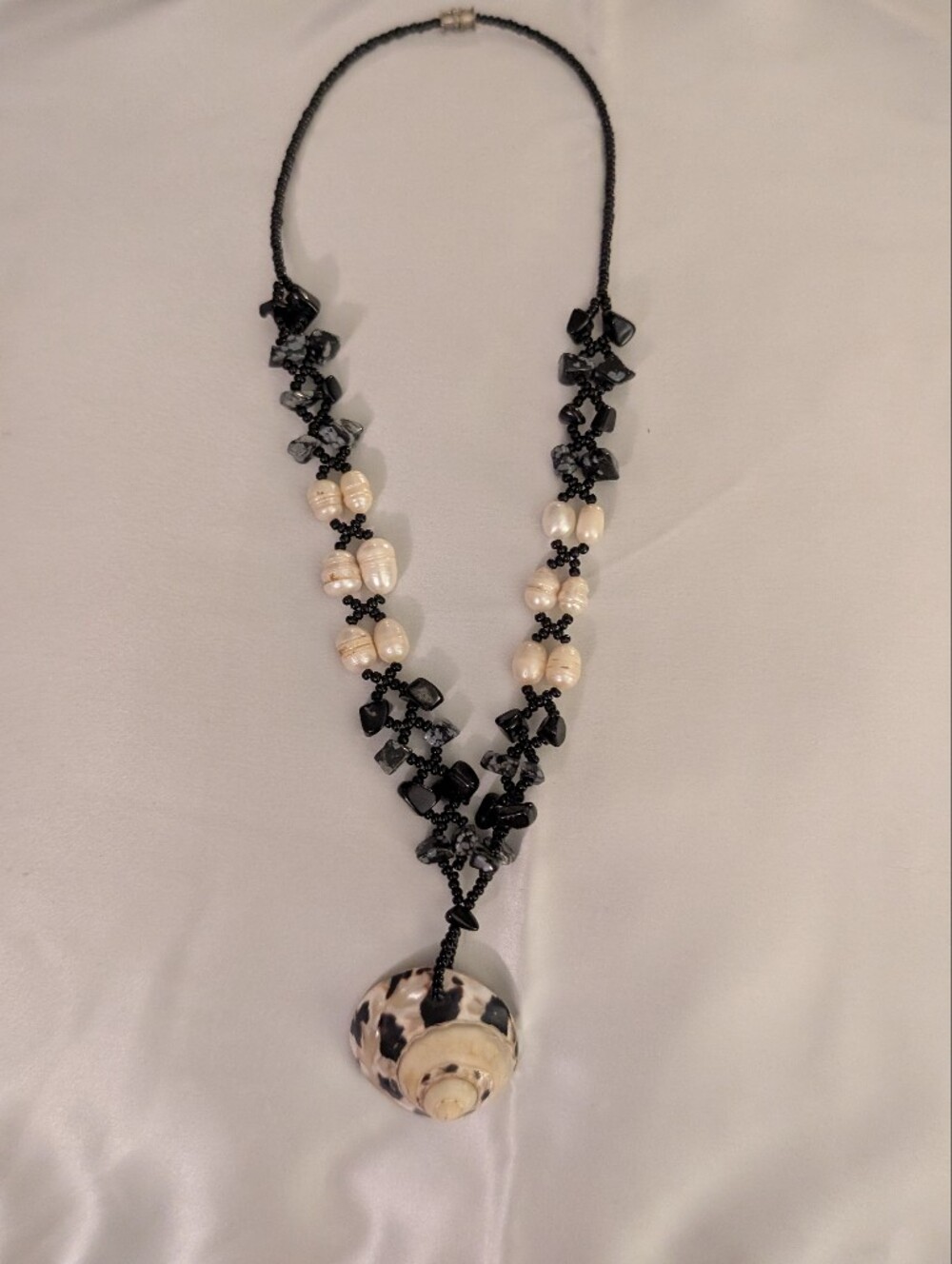 Handmade Panama Shell & Snowflake Obsidian Pearl Boho Necklace